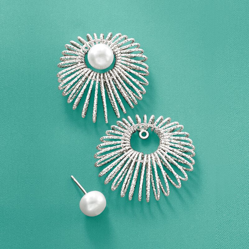 Italian Sterling Silver Jewelry Set: 8-8.5mm Cultured Pearl Earrings and Starburst Earring Jackets image number 4