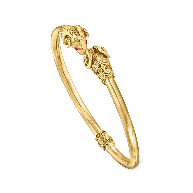 C. 1970 Vintage 18kt Yellow Gold Double Ram Head Cuff Bracelet with Pink Sapphire Accents. 7&quot; image number 2