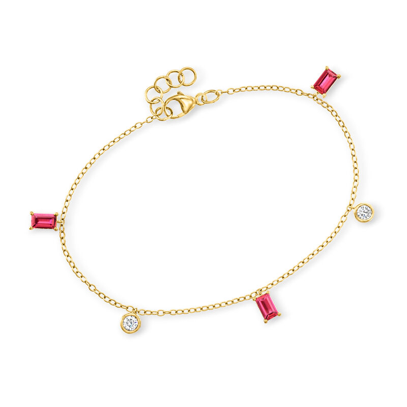 .90 ct. t.w. Lab-Grown Ruby and .20 ct. t.w. Lab-Grown Diamond Station Bracelet in 18kt Gold Vermeil. 6.5&quot; image number 0