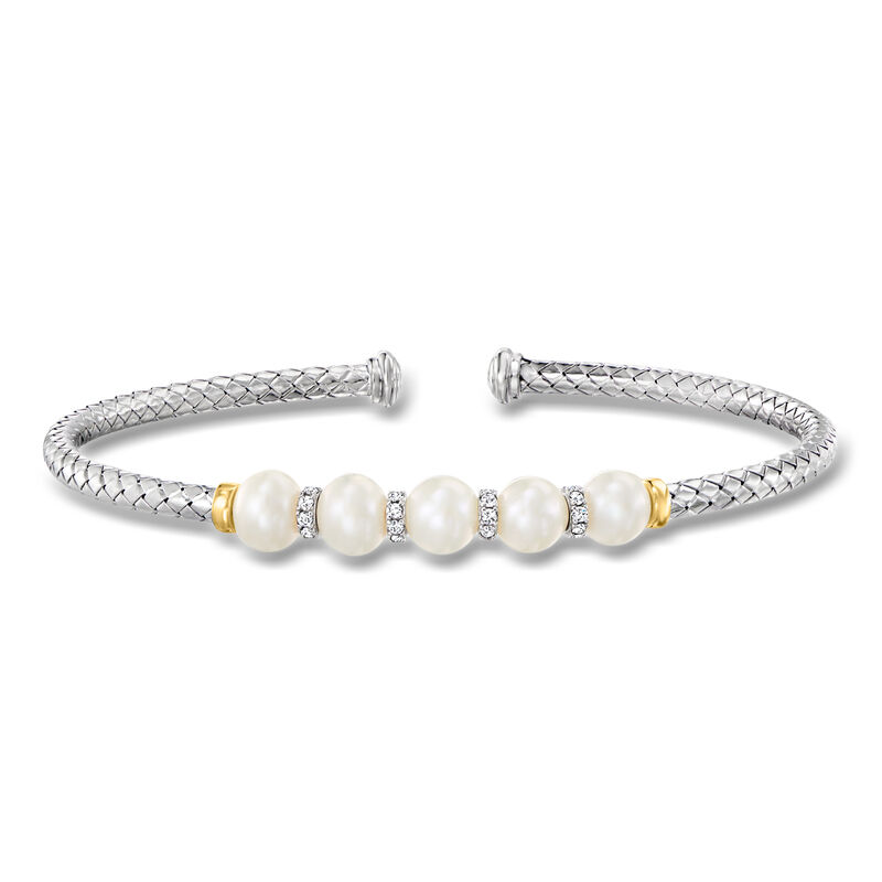 Charles Garnier 6-6.5mm Cultured Pearl and .60 ct. t.w. CZ Cuff Bracelet in Sterling Silver with 18kt Gold Over Sterling. 7.5" image number 0