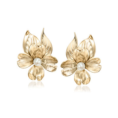 C. 1960 Vintage 4mm Cultured Pearl Flower Earrings in 14kt Yellow Gold