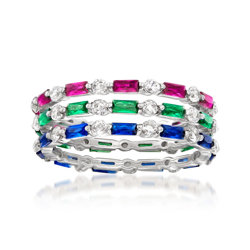 .90 ct. t.w. Multi-Gemstone and .80 ct. t.w. CZ Jewelry Set: Three Rings in Sterling Silver image number 0