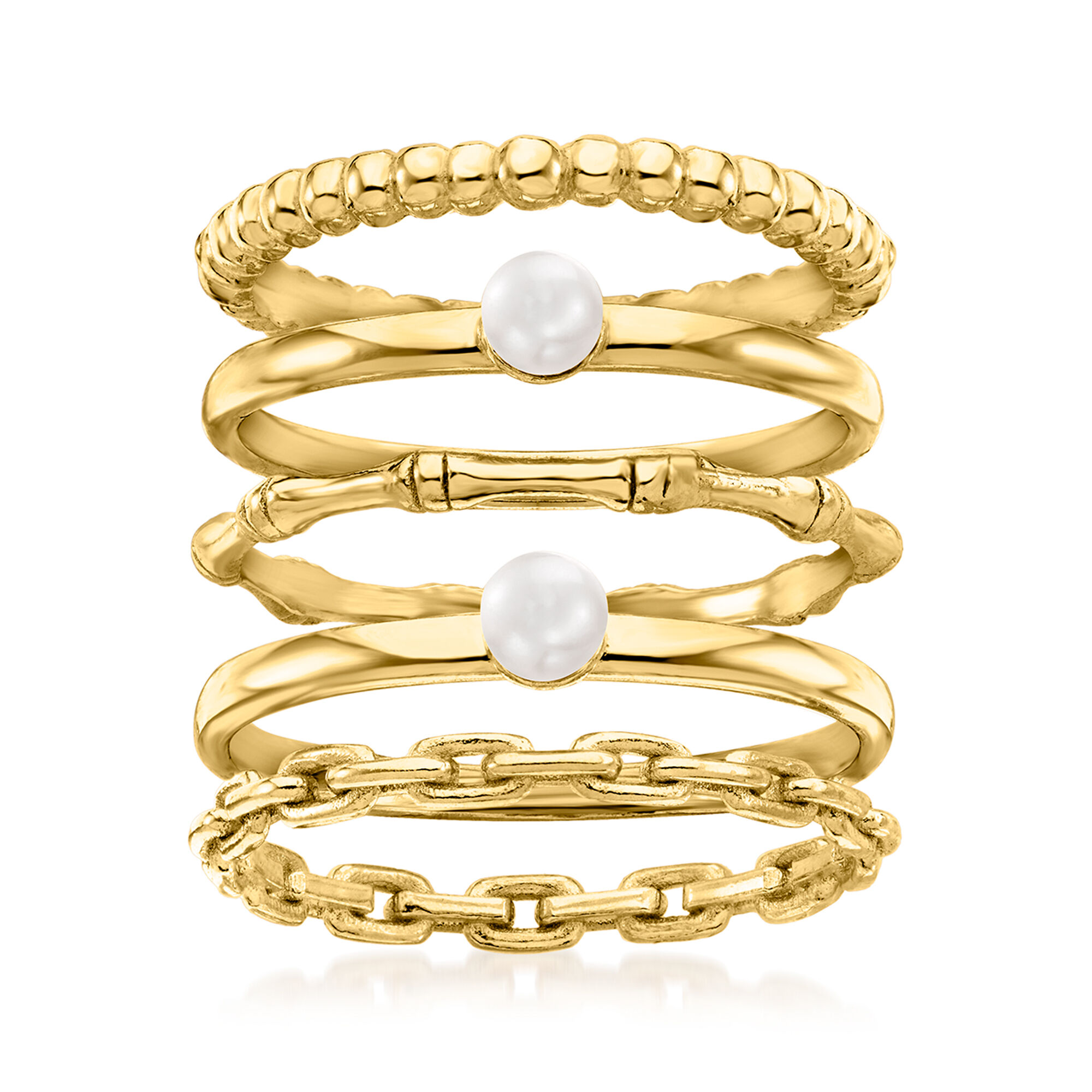 3.5mm Cultured Pearl Jewelry Set: Five Stackable Rings in 18kt 3.5mm Cultured Pearl Jewelry Set: Five Stackable Rings in 18kt