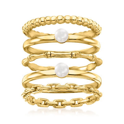 3.5mm Cultured Pearl Jewelry Set: Five Stackable Rings in 18kt Gold Over Sterling