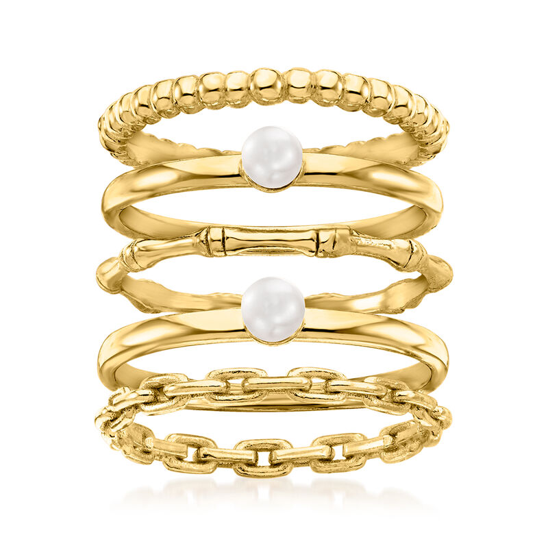 3.5mm Cultured Pearl Jewelry Set: Five Stackable Rings in 18kt Gold Over Sterling image number 0