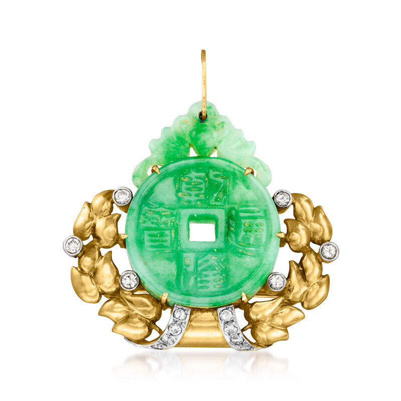 C. 1970 Vintage Jade and .50 ct. t.w. Diamond Chinese Symbol Pin/Pendant in Platinum and 14kt Yellow Gold image number 0