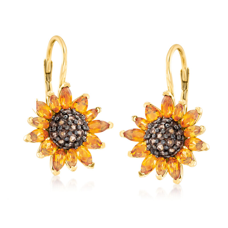 3.50 ct. t.w. Citrine and .80 ct. t.w. Smoky Quartz Sunflower Drop Earrings in 18kt Gold Over Sterling image number 3