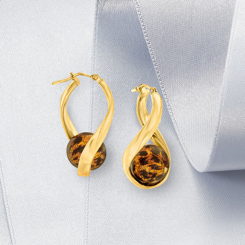 Italian Leopard-Print Murano Glass Bead Twisted Hoop Earrings in 18kt Gold Over Sterling. 1 3/8&quot; image number 4