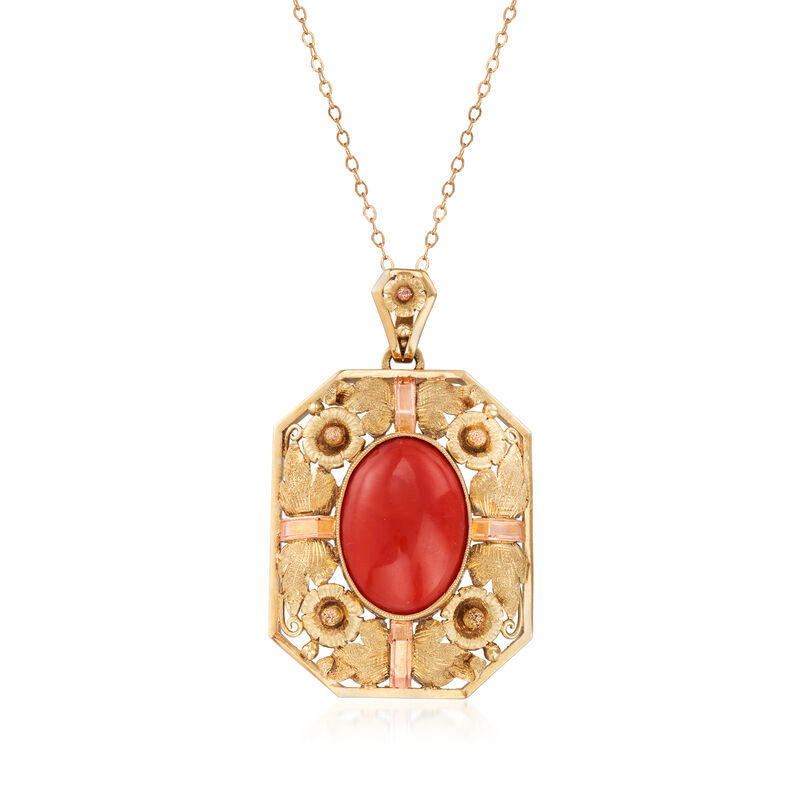 C. 1960 Vintage Red Coral Pendant Necklace in 14kt Two-Tone Gold image number 0