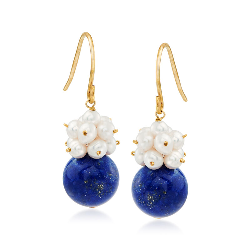 10mm Lapis and 3-4mm Cultured Pearl Cluster Drop Earrings in 14kt Yellow Gold image number 0