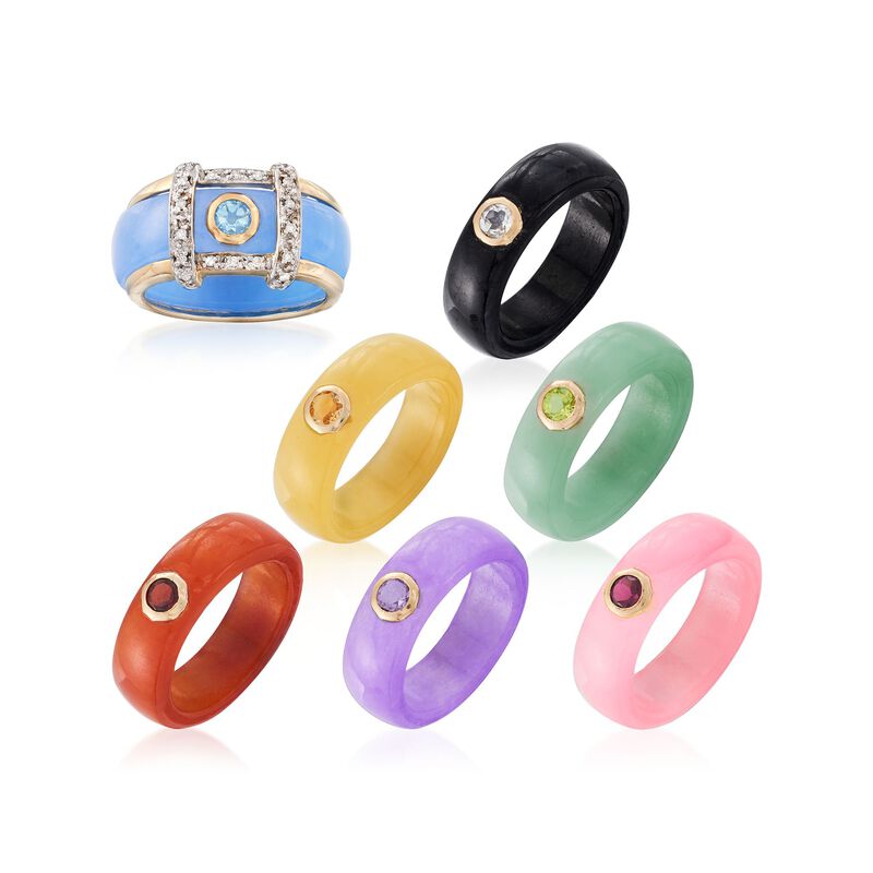 Multicolored Jade Jewelry Set: Seven Interchangeable Bands with 14kt Gold Ring Jacket image number 0