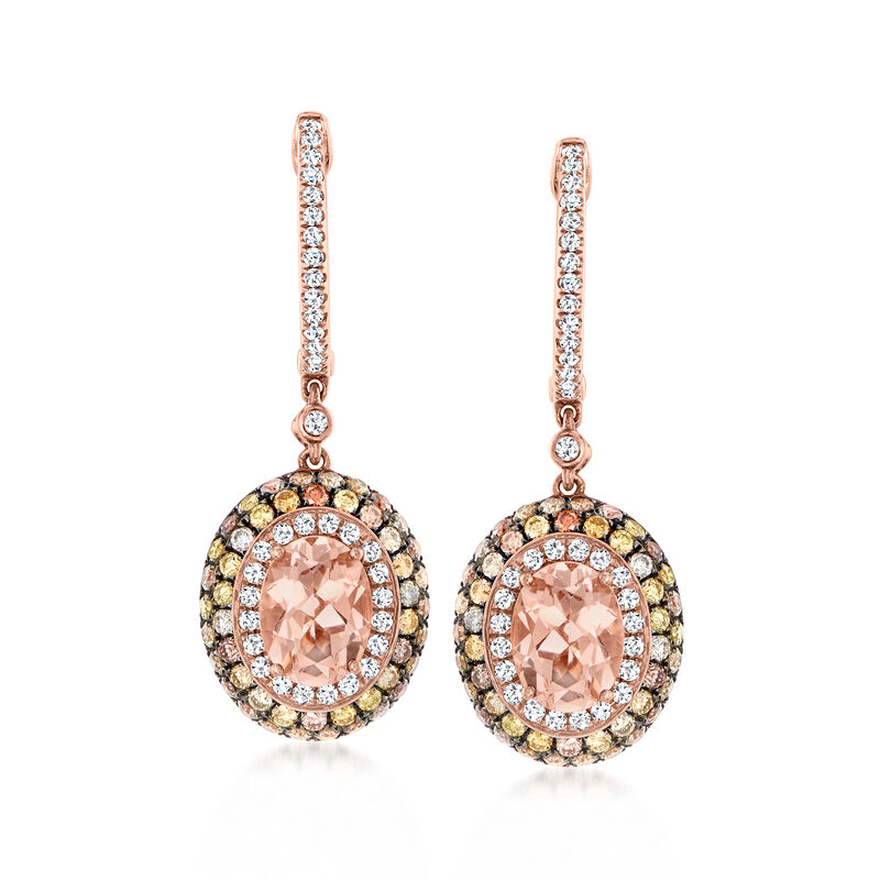 2.30 ct. t.w. Morganite Drop Earrings with 1.54 ct. t.w. Multicolored Diamond Hoop Drop Earrings in 14kt Rose Gold image number 0