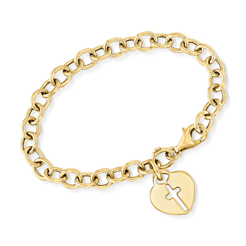 Italian 18kt Yellow Gold Over Sterling Silver Heart and Cross Charm Bracelet image number 0