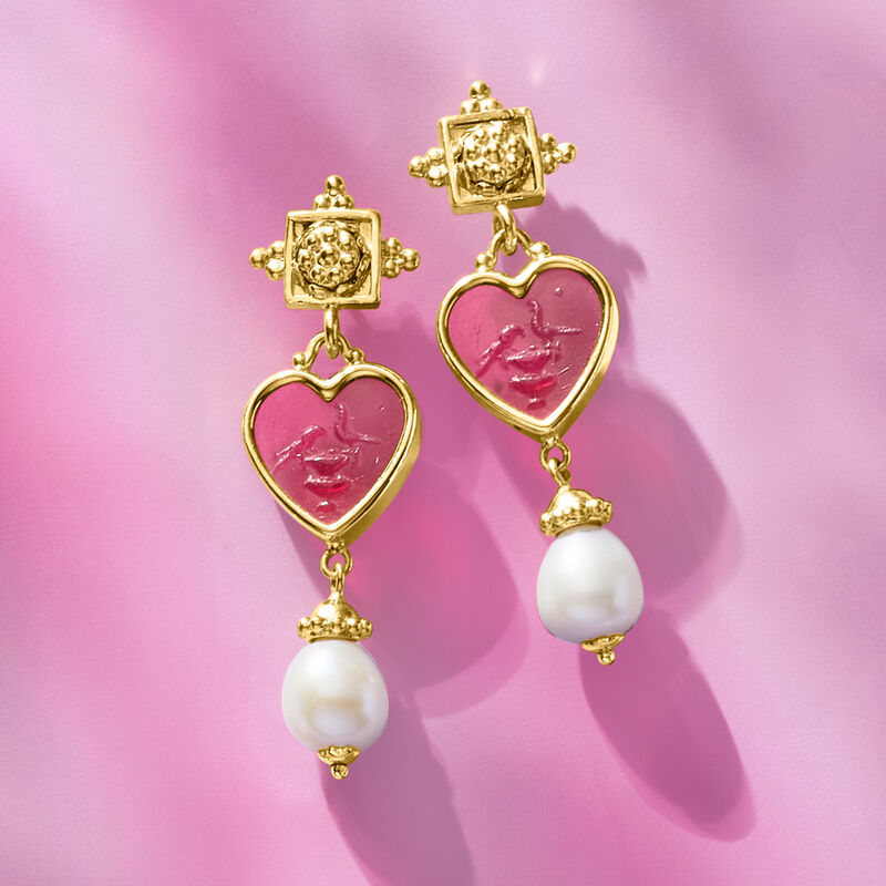 Italian Tagliamonte Pink Venetian Glass Heart Drop Earrings with Cultured Pearls in 18kt Gold Over Sterling image number 2