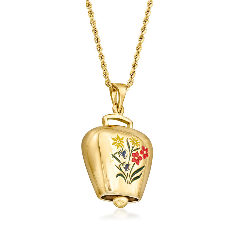 C. 1970 Vintage Multicolored Enamel Cowbell Pendant Necklace in 18kt Yellow Gold image number 2