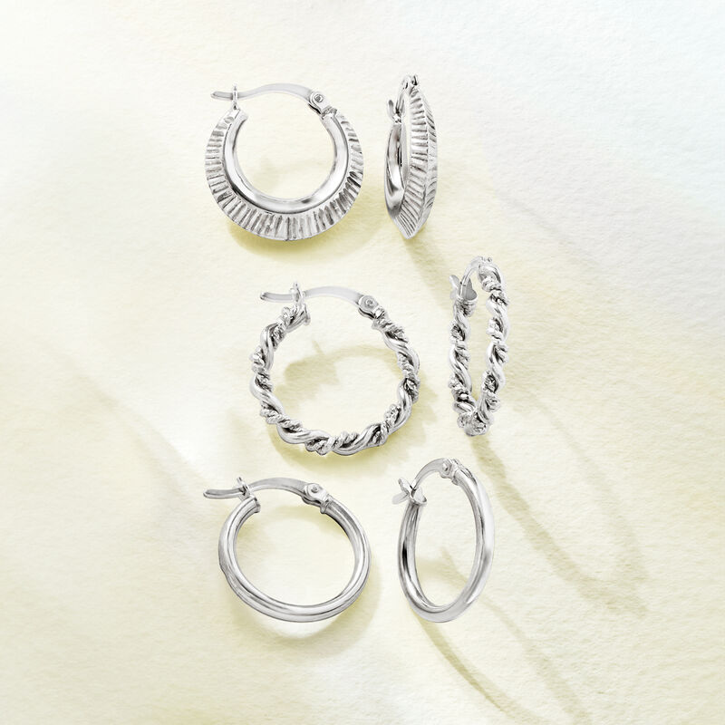 Sterling Silver Jewelry Set: Three Pairs of Hoop Earrings. 3/4&quot; image number 8