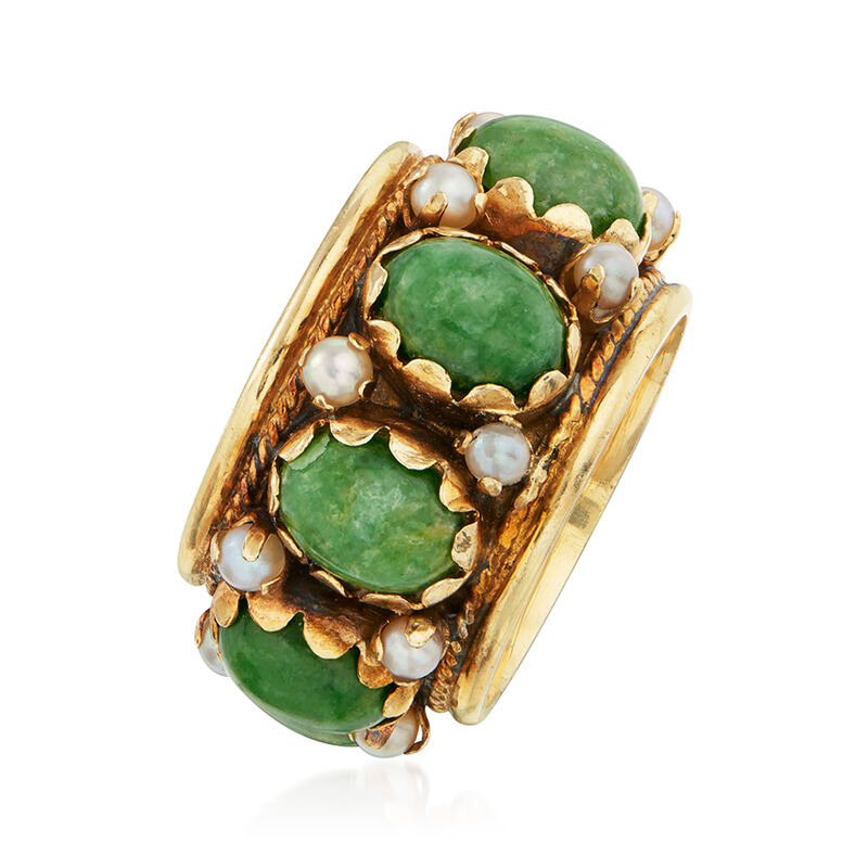 C. 1970 Vintage Green Nephrite and Seed Pearl Ring in 14kt Yellow Gold image number 2