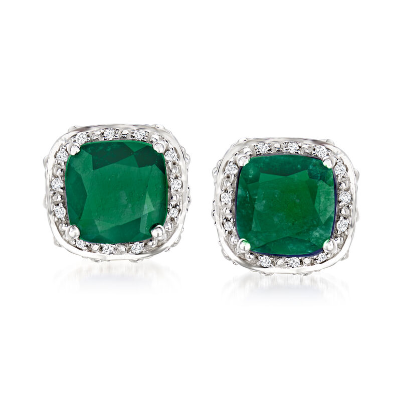 4.60 ct. t.w. Emerald and .10 ct. t.w. White Topaz Stud Earrings in Sterling Silver image number 0