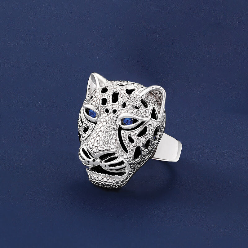 Black Onyx and .10 ct. t.w. Sapphire Panther Head Ring in Sterling Silver image number 4
