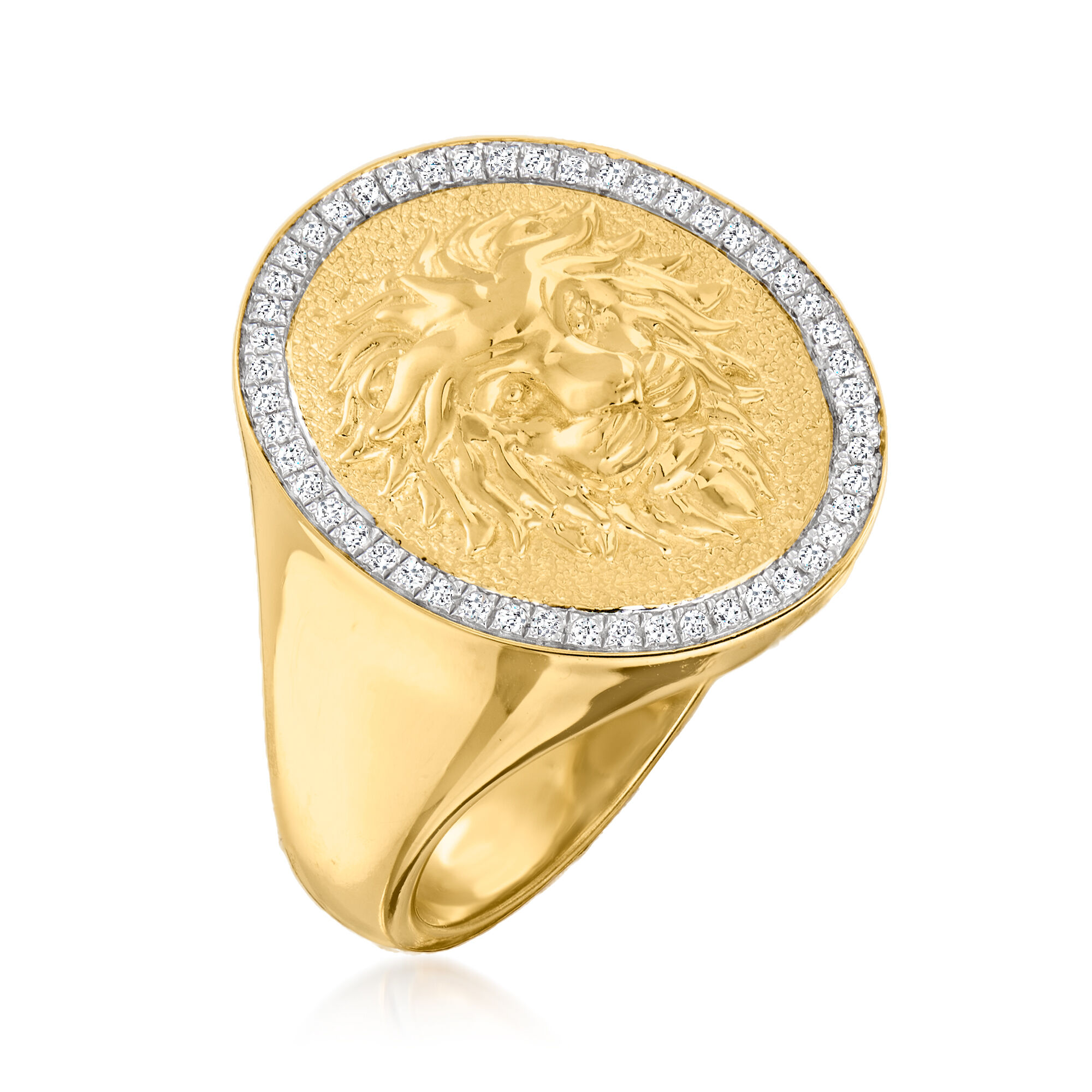 15 ct. t.w. Diamond Lion Head Signet Ring in 18kt Gold Over