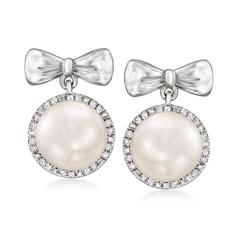 8.5-9mm Cultured Pearl and .10 ct. t.w. Diamond Bow Drop Earrings in Sterling Silver image number 0