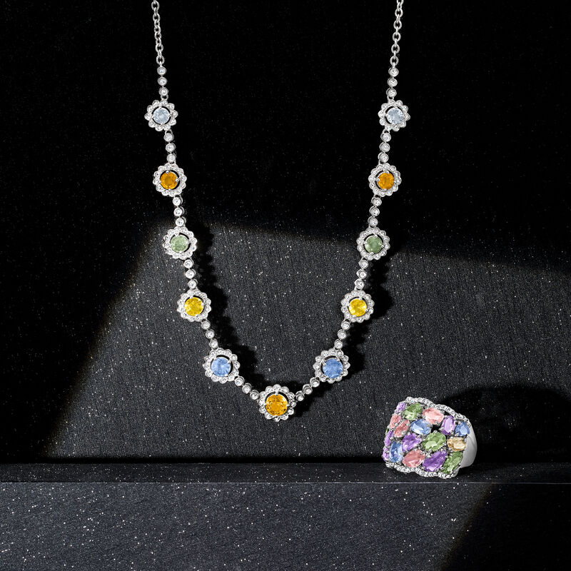 6.25 ct. t.w. Multicolored Sapphire and .60 ct. t.w. Diamond Choker Necklace in 18kt White Gold image number 2
