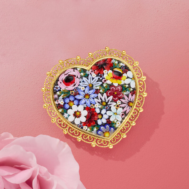 Italian Multicolored Murano Glass Mosaic Floral Heart Pin in 18kt Gold Over Sterling image number 3