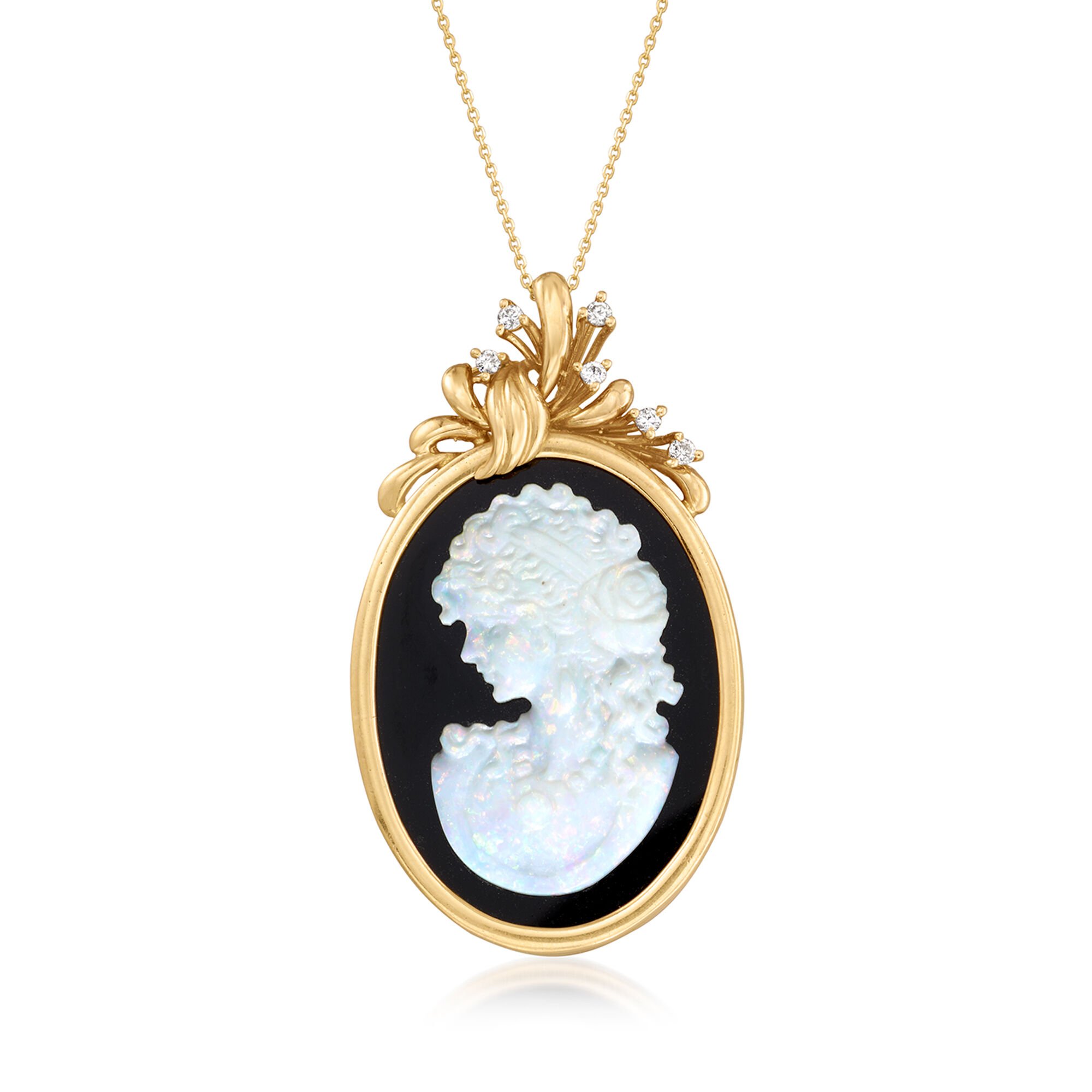 C. 1970 Vintage White Opal and Black Onyx Cameo Pendant Necklace