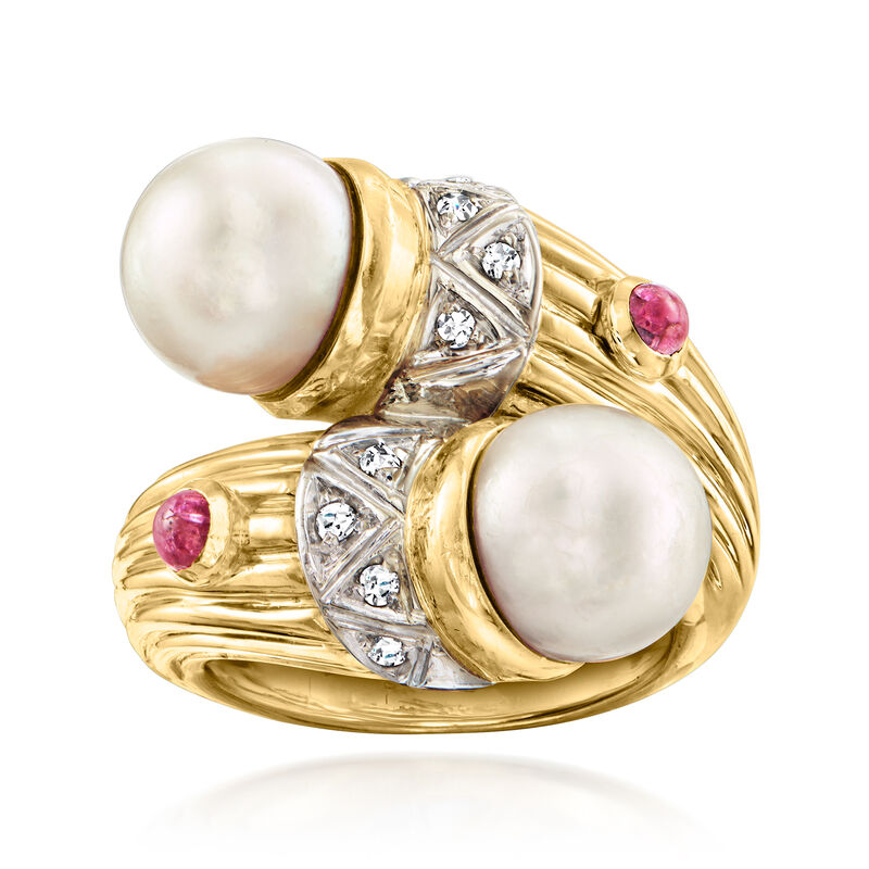 C. 1980 Vintage 9mm Cultured Pearl and .20 ct. t.w. Ruby Bypass Ring with Diamonds in 18kt Two-Tone Gold. Size 6 image number 0