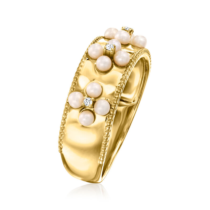 2-2.5mm Cultured Pearl Floral Ring with Diamonds in 18kt Gold Over Sterling image number 2
