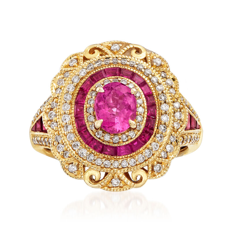 3.40 ct. t.w. Ruby, .80 Carat Tourmaline and .30 ct. t.w. Diamond Ring in 14kt Yellow Gold. Size 8 image number 0