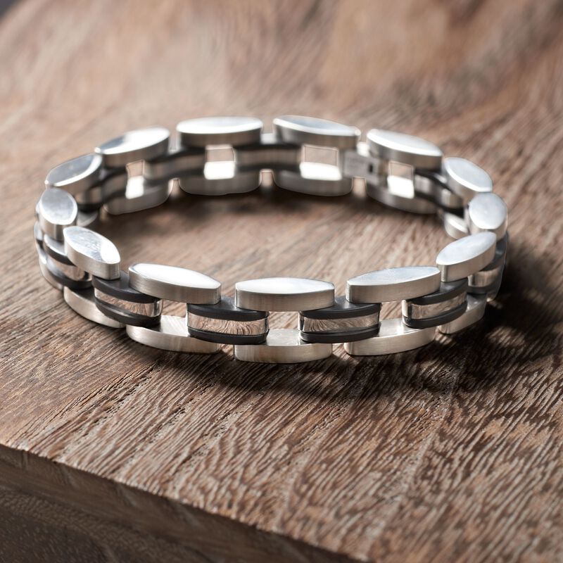 Men's Stainless Steel Link Bracelet with Black Rubber image number 1