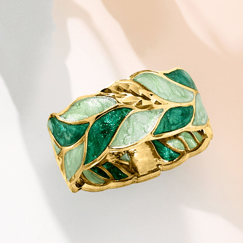 Italian Green Enamel Leaf Ring in 14kt Yellow Gold image number 4