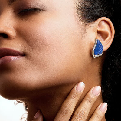 C. 1980 Vintage Carved Lapis and .36 ct. t.w. Diamond Wing Earrings in 14kt Yellow Gold