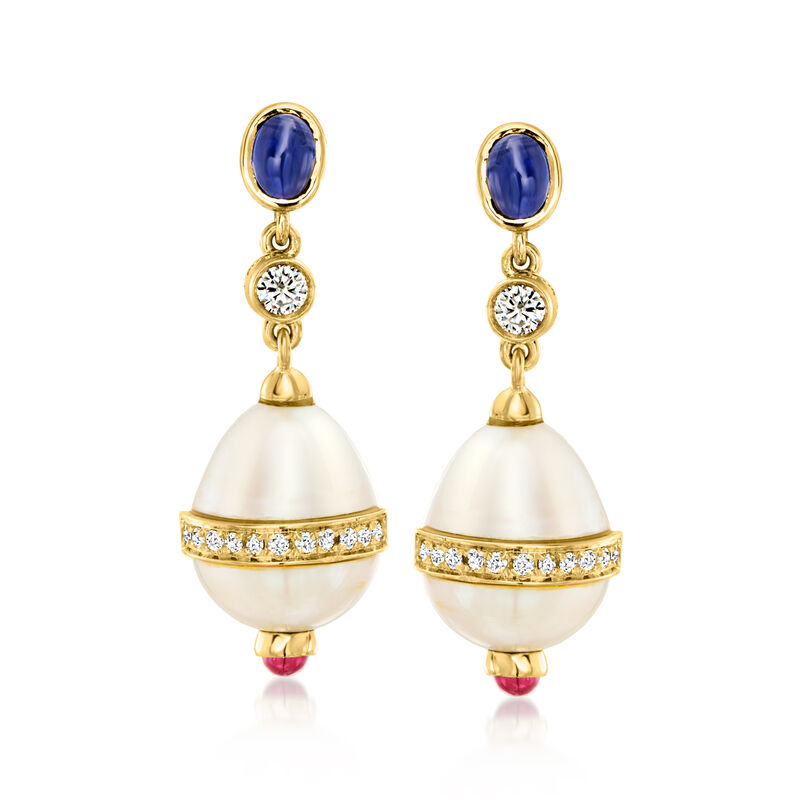 C. 1980 Vintage 13x11mm Cultured Pearl and 1.20 ct. t.w. Multi-Gemstone Clip-On Drop Earrings with .45 ct. t.w. Diamonds in 18kt Yellow Gold  image number 0