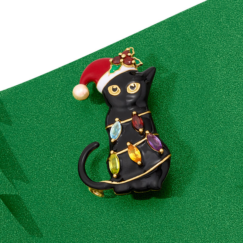 3.5-4mm Cultured Pearl, .60 ct. t.w. Multi-Gemstone and Multicolored Enamel Christmas Cat and Lights Pin/Pendant in 18kt Gold Over Sterling. Pin image number 3