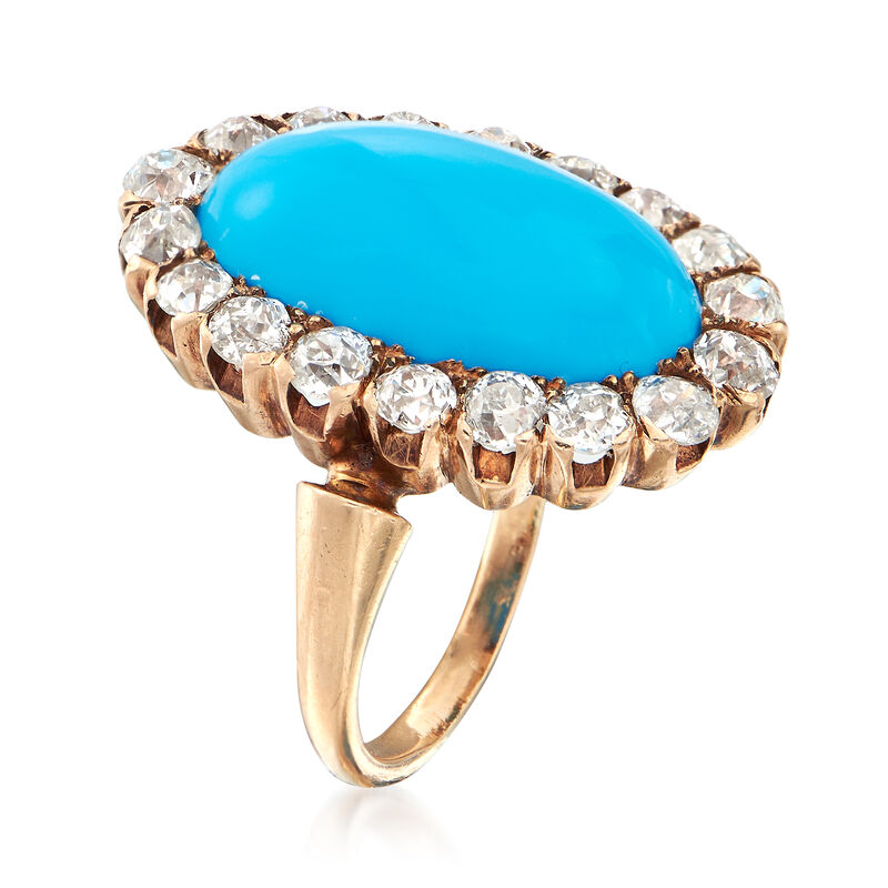 C. 1920 Vintage Aqua Turquoise and 1.10 ct. t.w. Diamond Halo Ring in 14kt Yellow Gold. Size 4 image number 2