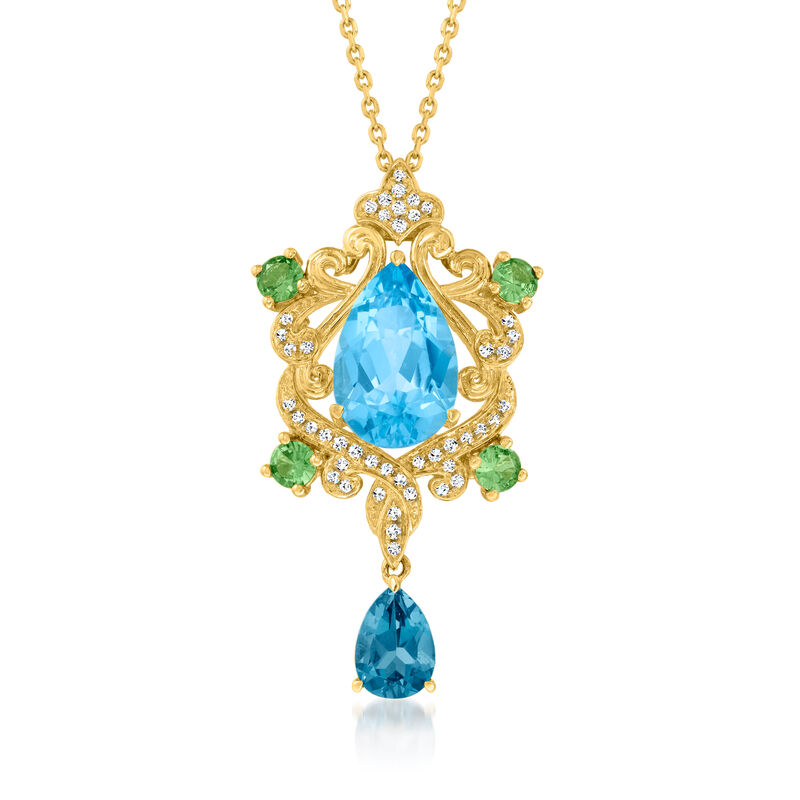 5.00 ct. t.w. Tonal Blue Topaz, .40 ct. t.w. Tsavorite Pendant Necklace with .13 ct. t.w. Diamonds in 14kt Yellow Gold image number 0