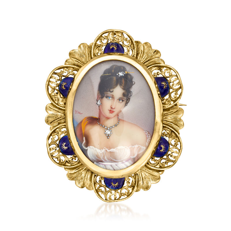 C. 1950 Vintage Painted Portrait Pin/Pendant with Enamel and Diamonds in 18kt Yellow Gold image number 2