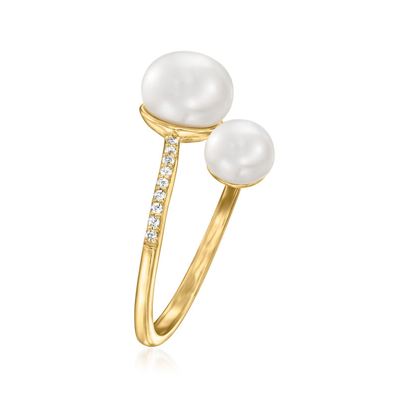 5.5-8mm Cultured Pearl and .10 ct. t.w. White Topaz Bypass Ring in 18kt Gold Over Sterling image number 2