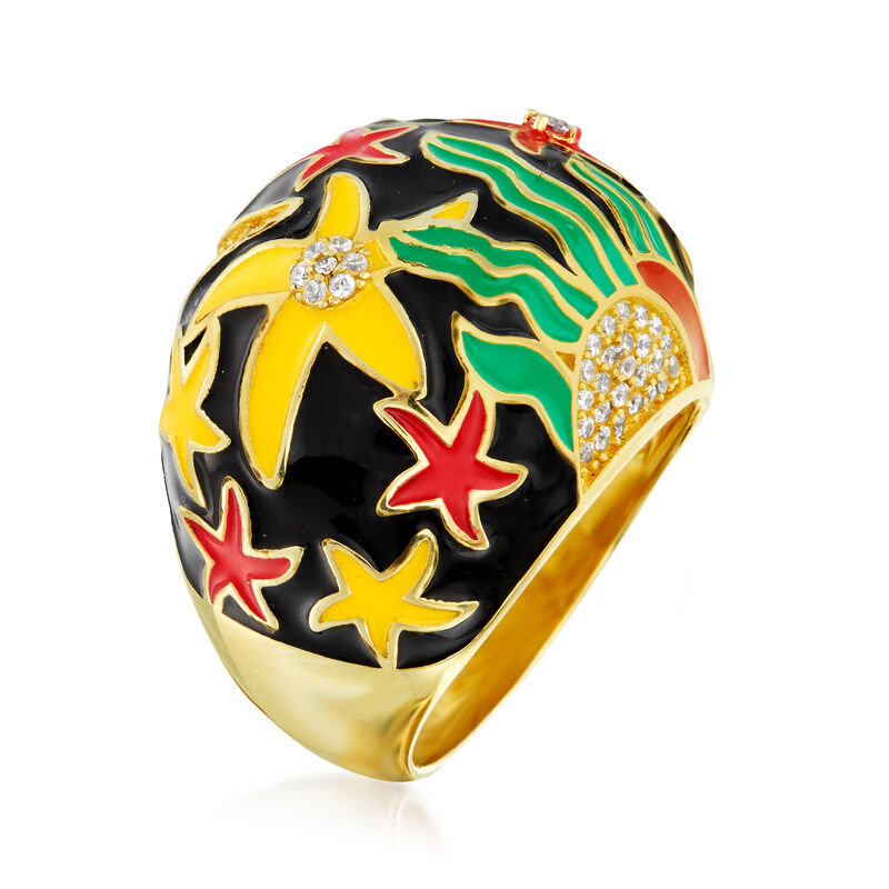 .33 ct. t.w. White Topaz and Multicolored Enamel Starfish Ring in 18kt Gold Over Sterling image number 2