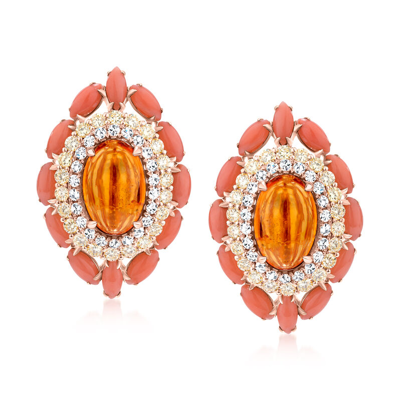 13.00 ct. t.w. Orange Garnet, Peach Coral and 3.30 ct. t.w. Multicolored Diamond Earrings in 18kt Two-Tone Gold image number 0