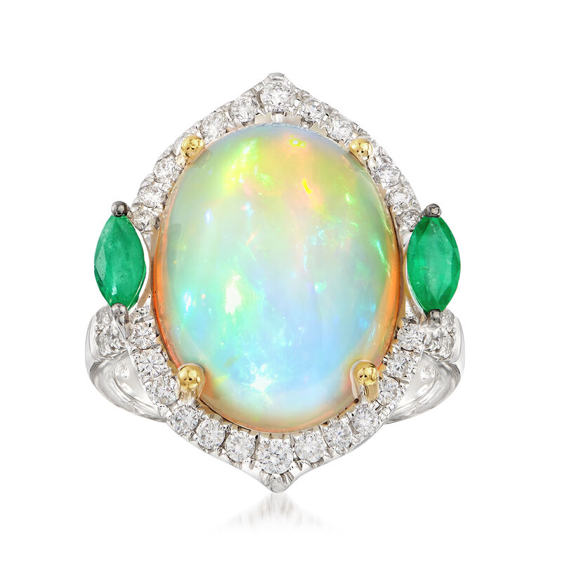Oval Opal Cabochon Ring with .62 ct. t.w. Diamonds and .40 ct. t.w. Emeralds in 18kt Two-Tone Gold image number 0