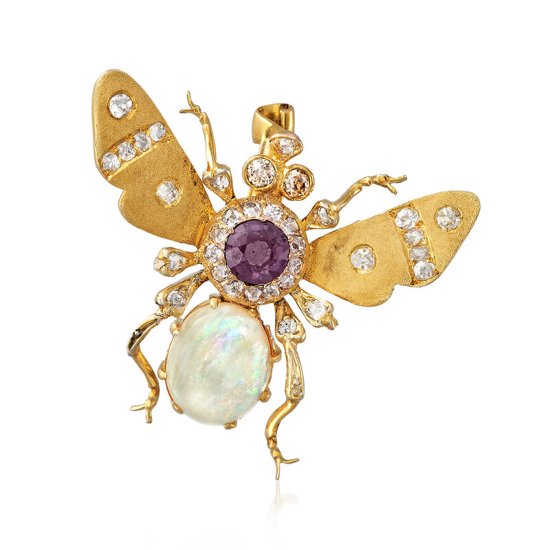 C. 1930 Vintage Opal, .45 ct. t.w. Diamond and Purple Glass Doublet Bug Pin in 18kt Yellow Gold image number 0