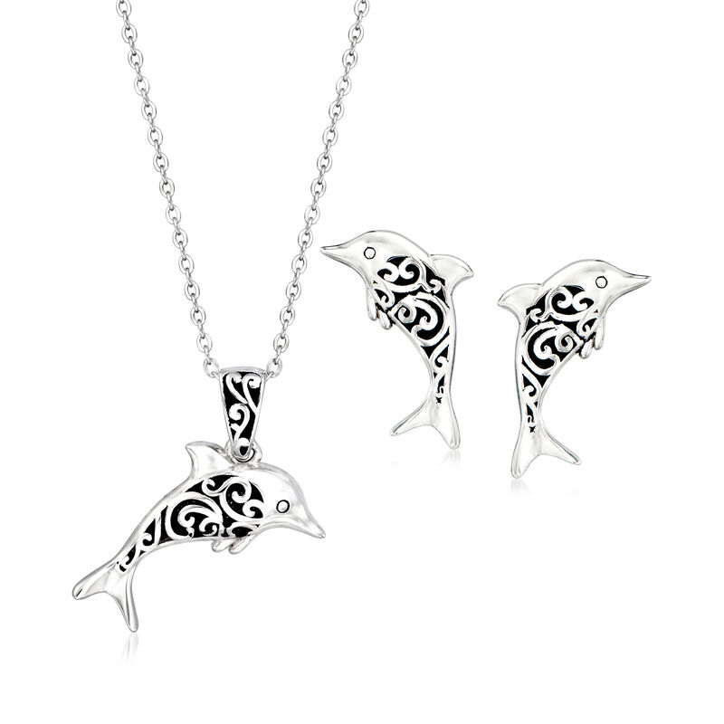 Sterling Silver and Black Enamel Dolphin Jewelry Set: Earrings and Pendant Necklace. 18&quot; image number 1