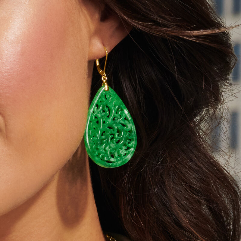 Carved Jade Teardrop Earrings in 18kt Gold Over Sterling  image number 4