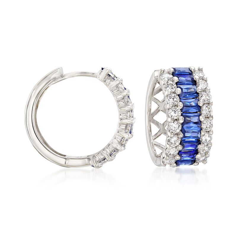 Simulated Sapphire and .95 ct. t.w. CZ Hoop Earrings in Sterling Silver. 1/2&quot; image number 0
