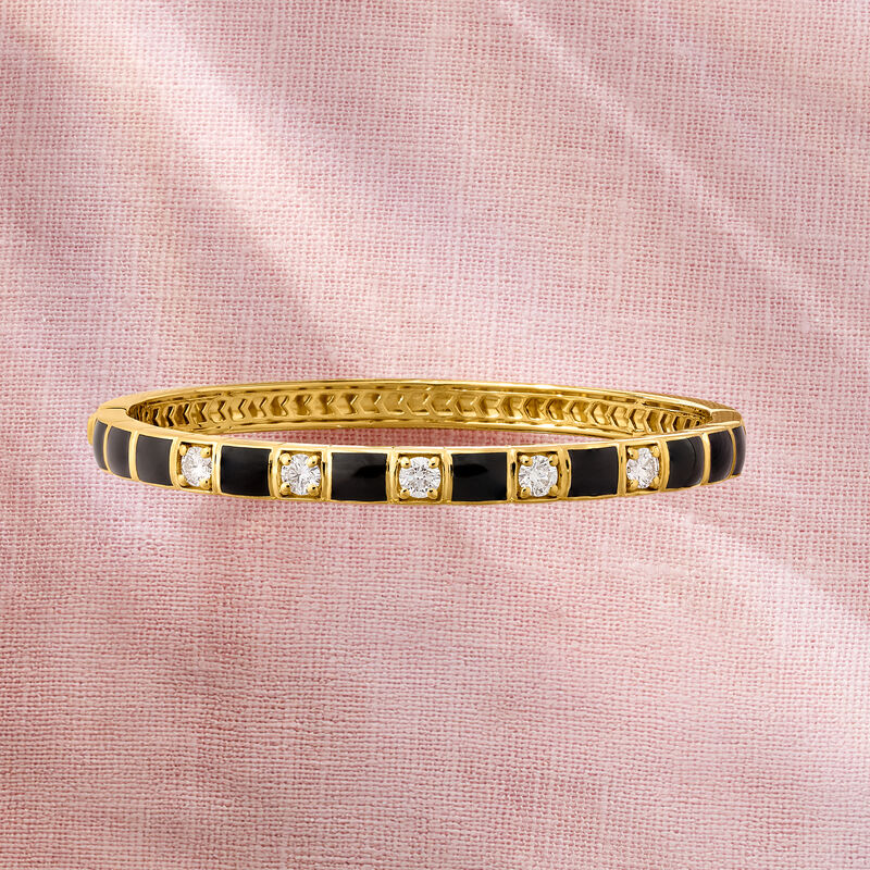 1.10 ct. t.w. Lab-Grown Diamond and Black Enamel Bangle Bracelet in 18kt Gold Over Sterling image number 2