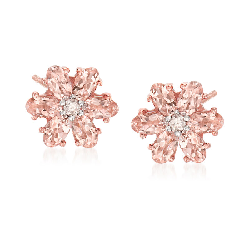 2.20 ct. t.w. Morganite and .12 ct. t.w. Diamond Flower Earrings in 14kt Rose Gold Over Sterling image number 0