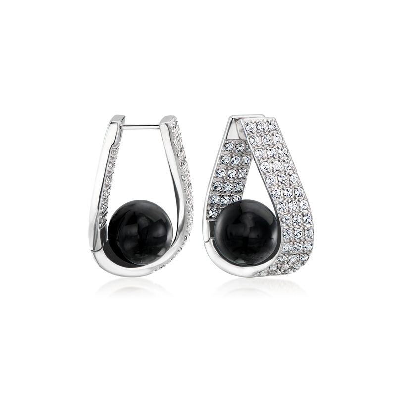 Black Agate and 1.50 ct. t.w. White Topaz Twisted Hoop Earrings in Sterling Silver. 7/8&quot; image number 0